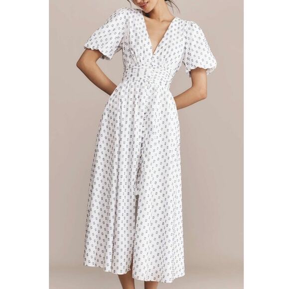 Anthropologie Dresses & Skirts - Anthropologie Katerina Button-Front Midi Dress White Blue Size Large NWT